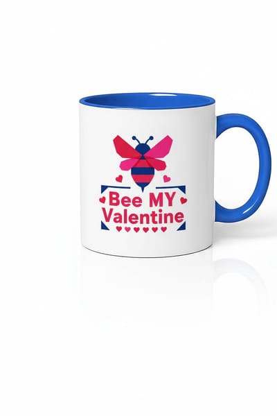 Valentijnsdag Mok 'Bee My Valentine' met Lieve Bij Design – Keramische Beker Blauw Wit