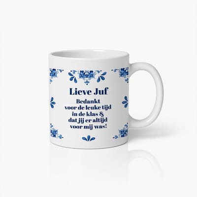 Lieve Juf Mok 330ml – Nederlandse Tegelstijl Bedank Koffiebeker – Perfect Cadeau om Dankjewel te Zeggen aan Leraren en Juffen