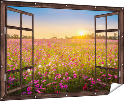 Gards Tuinposter Doorkijk Bloemenveld met Roze Kosmos - 180x120 cm - Tuindoek - Tuindecoratie - Wanddecoratie buiten - Tuinschilderij