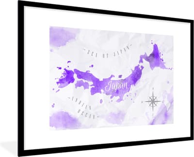 Poster in lijst - Fotolijst 90x60 cm - Posters - Wereldkaarten - Japan - Paars - Posterlijst zwart - Decoratie - Wanddecoratie woonkamer - Muurdecoratie slaapkamer