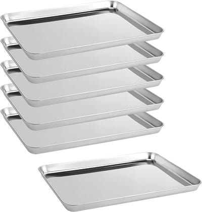 Set van 6 RVS Bakplaten voor Oven - Rectangulaire Bakvormen voor Koekjes, Roosteren en Koken, 40.5 x 30.5 x 2.5 cm, Vaatwasserbestendig en Duurzaam