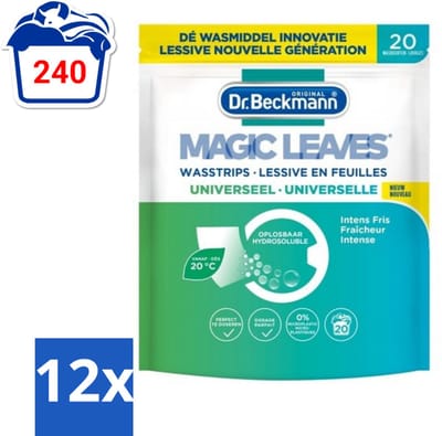 Dr. Beckmann - Magic Leaves Universeel - Wasstrips - Witte en Gekleurde Was - 20 Wasbeurten - Voordeelverpakking - 12 stuks