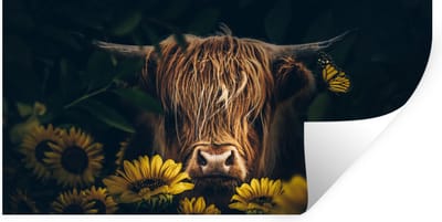 Muurstickers - Sticker Folie - Schotse hooglander - Bloemen - Koe - Botanisch - Dieren - 40x20 cm - Plakfolie - Muurstickers Kinderkamer - Zelfklevend Behang - Zelfklevend behangpapier - Stickerfolie