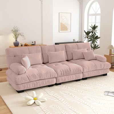 3-zits Bank, Modulaire Hoekbank met Diepe Zitting, Chenille Slaapbank, Comfortabel Bekleed voor Woonkamer, Appartement, Studio, Kantoor, Chenille-Roze