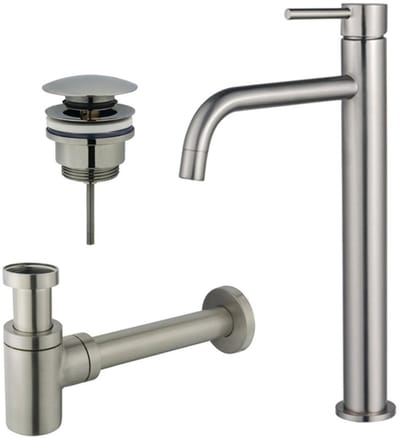 FugaFlow Eccelente Sobrado Badkamer Slim Wastafelkraanset - verhoogde wastafelkraan - klikwaste plug - verlaagde design sifon - PVD Geborsteld RVS