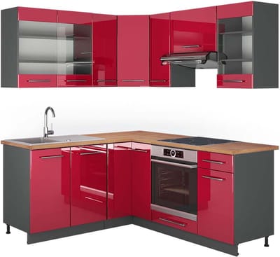 Vicco Hoekkeuken Fame-Line, Bordeauxrode hoogglans/Antraciet, 190 x 160 cm, WB Eik