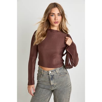 boohoo Dames Plisse top met slash-hals en lange mouwen | Chocolate | Maat: 6