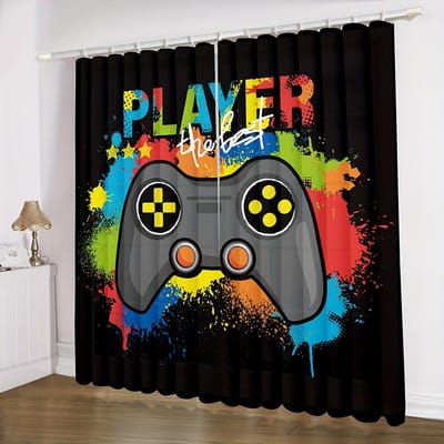 2 stuks Lichtblauw Rood Gamepad Patroon Gordijn Voor Slaapkamer Woonkamer Speelkamer Raamgordijnen Wanddecoraties Met Gratis Accessoires W60H60(CM)x2pcs&Grommet Top gray