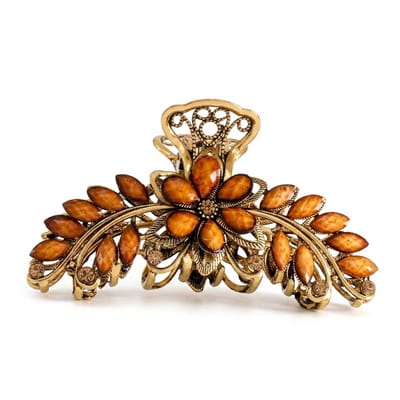 Bruin Goudkleurige Haarklem Dames Bloem Haar klem Vintage Design Strass Haarclip Metaal met Bruine Steentjes