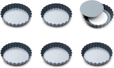 Fox Run 44460 Set van 6 losse bodem Mini Tart en Quiche Non-Stick Bakpannen, staal, grijs