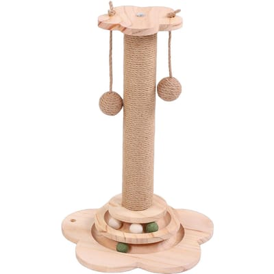 Arbre à Griffer pour Chat 4 en 1 Multifonctionnel Base Stable Poteaux à Griffer avec Balle Suspendue et Canne à Jouet pour la Maison Solide Solid Wood(Height: 46cm/18.1in)