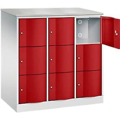 C+P Resisto lockerkast, 3 vakken, 9 vakken, B 1148 x D 640 x H 1255 mm, lichtgrijs/ruinrood