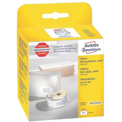 Avery-Zweckform Rol met etiketten Compatibel vervangt DYMO 11352, S0722520 54 x 25 mm Papier Wit 500 stuk(s) Permanent hechtend Adresetiketten