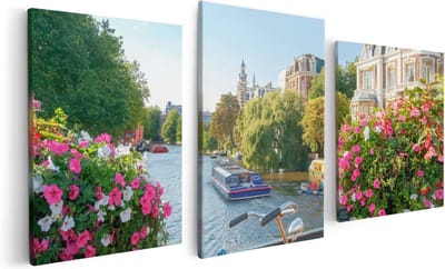 Artaza Canvas Schilderij Drieluik Amsterdamse Kanaal Met Bloemen - 120x60 - Foto Op Canvas - Canvas Print