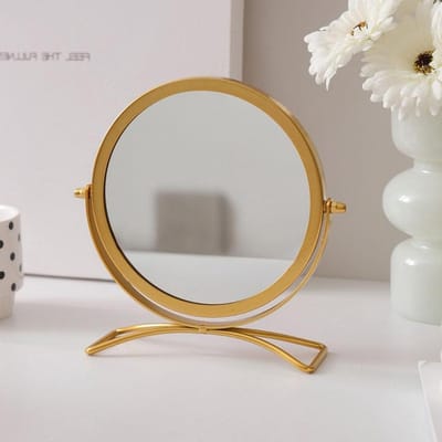 SnelShoppen - Rond vrijstaande make-upspiegel met standaard, metalen frame, gouden tafelspiegel voor badkamer, slaapkamer, make-up en verzorging