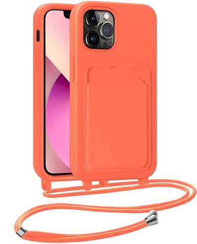 Hoesje Geschikt voor iPhone 13 Pro Telefoonhoesje Met Koord Case Pashouder Siliconen - Hoes Geschikt voor iPhone 13 Pro Hoesje Met Kaarthouder - Papaya