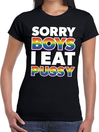 Sorry boys i eat pussy gay pride t-shirt zwart met regenboog tekst voor dames - Gay pride/LGBT kleding XS