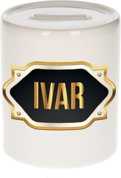 Spaarpot met voornaam Ivar - wit - met goud/zwart embleem - 8 x 9 cm - keramiek - met afsluitdop - cadeau verjaardag