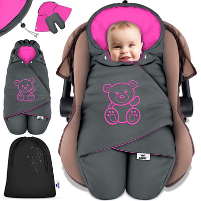 KIDIZ® Baby Slaapzak voor Buggy Voetenzak voor Autostoeltje & Wandelwagen Babyschaal, voor Winter met Kap + Babyslaapzak Deken voor Maxi-Cosi & Kinderwagen alle Gordelsystemen 3 & 5-Puntsgordel - Antraciet / Roze