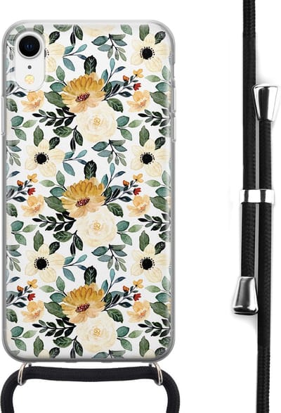 Hoesje met koord - Geschikt voor iPhone XR - Lovely flowers - Verstelbaar zwart koord - Transparant, Geel - Bloemen - Leuke Telefoonhoesjes
