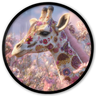 Poster in lijst Rond - Fotolijst 40x40 cm - Posters - Giraffe - Bloemen - Roze - Ronde posterlijst zwart - Decoratie - Wanddecoratie woonkamer - Muurdecoratie slaapkamer