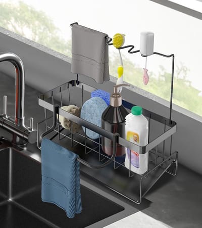 Gootsteenorganizer zwart roestvrij staal - wandorganizer met sponshouder - keuken organizer met afvoerpan vaatdoekhouder