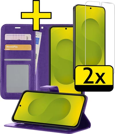 Hoesje - Met 2x Screenprotector - Geschikt voor Samsung Galaxy S25 - Luxe Pasjeshouder - Bookcase Portemonee - Flip Case - Kunstleer Book Case - Flipcase Hoes - Book Cover - Walletcase - Portemonneehoes - Telefoonhoesjes - Paars
