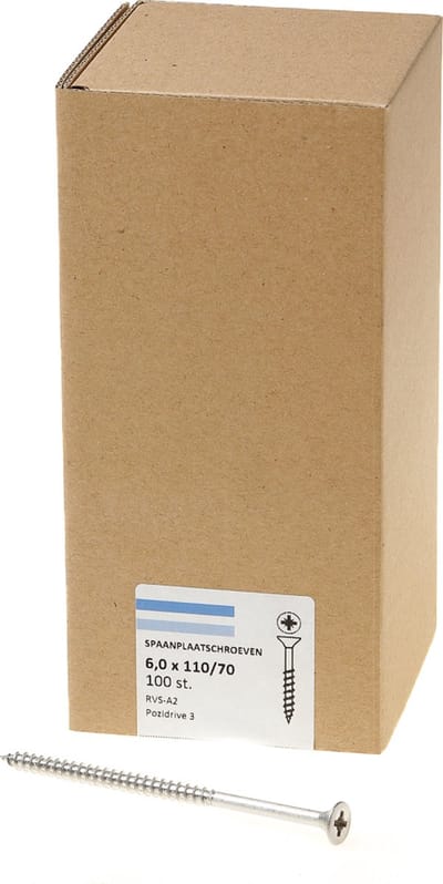 Hoenderdaal Spaanplaatschroef RVS platverzonken kop PZ3 deeldraad 6.0X110/70 (per 100 stuks)