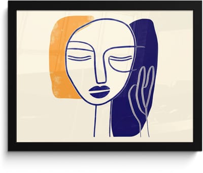 Poster in lijst - Fotolijst 40x30 cm - Posters - Minimalistisch - Gezicht - Hand - Oranje - Blauw - Posterlijst zwart - Decoratie - Wanddecoratie woonkamer - Muurdecoratie slaapkamer