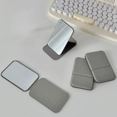Desktop make-upspiegel Effen kleur Leer Eenvoudige draagbare draagbare make-upspiegel Opvouwbare student Compact Leuke zakspiegel grijze kleur