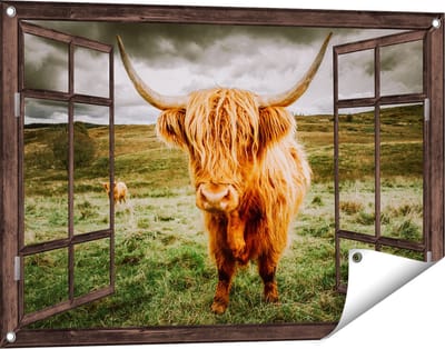 Gards Tuinposter Doorkijk Schotse Hooglanders in de Weide met Wolken - 90x60 cm - Tuindoek - Tuindecoratie - Wanddecoratie buiten - Tuinschilderij