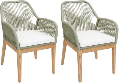 Set van 2 tuinstoelen MCW-H56b, fauteuil voor buiten, weerbestendig touwvlechtwerk Touwhout acacia ~ groene kussens crème