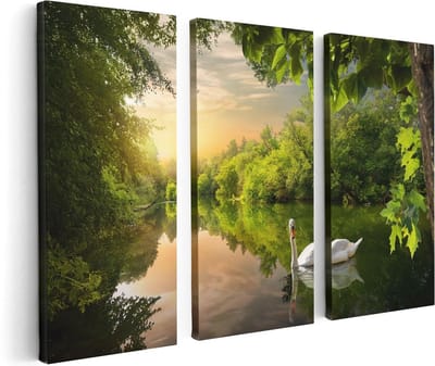 Artaza Canvas Schilderij Drieluik Zwaan op het Water in het Bos - 120x80 cm - Wanddecoratie Woonkamer - Schilderijen - Muurdecoratie