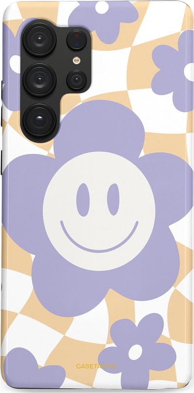 Casetastic hoesje geschikt voor Samsung Galaxy S25 Ultra - Dubbellaagse bescherming - Madeliefjes magie - Fashion Case - Lila Wit Zand Lichtgrijs