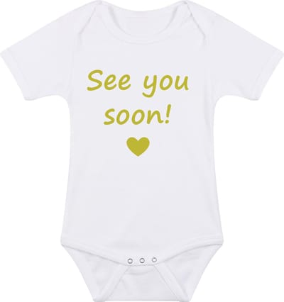 Baby rompertje met leuke tekst | See you soon! |zwangerschap aankondiging | cadeau papa mama opa oma oom tante | kraamcadeau | maat 80 wit goud