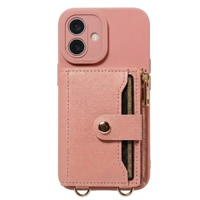Roze telefoon hoesje met portemonnee en rits geschikt voor iPhone 16 – kunstleer beschermende wallet case voor dames en heren met pasjeshouder, druksluiting, draagkoord bevestiging en standaard functie