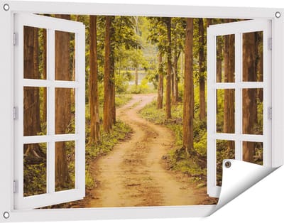 Gards Tuinposter Doorkijk Pad in het Bos met Bomen - 90x60 cm - Tuindoek - Tuindecoratie - Wanddecoratie buiten - Tuinschilderij