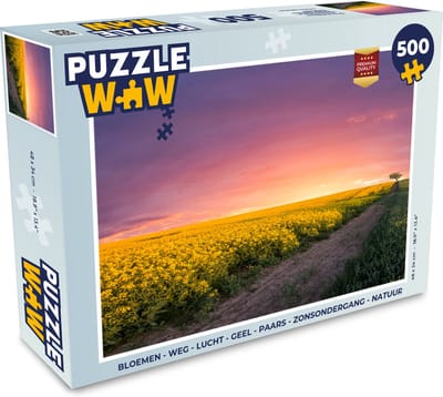 Puzzel Bloemen - Weg - Lucht - Geel - Paars - Zonsondergang - Natuur - Legpuzzel - Puzzel 500 stukjes