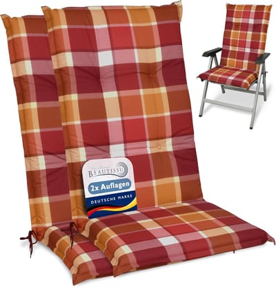 Beautissu Sunny RO – Set van 2 Tuinkussens Hoge Rug 120x50 cm met UV-lichtechtheid Comfortabele Tuinstoel Zitkussen Rood geruit