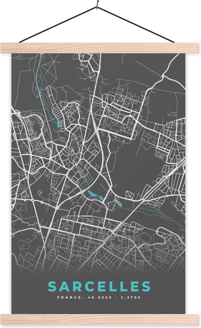 Posterhanger incl. Poster 40x60 cm - Schoolplaat - Sarcelles - Frankrijk - Plattegrond - Kaart - Stadskaart - Textielposter - Blanke latten - Stadskaart