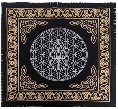 Altaarkleed Flower of life - Tarotkleed Zwart Goud - Pendelkleed 60x60cm