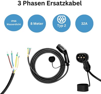 Reservekabel type 2 voor EV-laadstation, 8 m, 32 A, Fase 3, 22 kW, compatibel met Wallbox, CE- en TUV-gecertificeerd