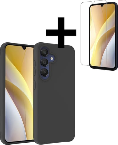 Hoesje - Met Screenprotector - Geschikt voor Samsung Galaxy A15 - Sterk & Shockproof - Back Cover - Siliconen Case - Telefoon Hoes - Telefoonhoesjes - Zwart