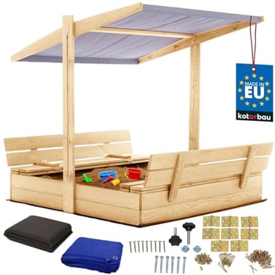 KOTARBAU® Houten Zandbak - 120 x 120 cm - Natuurlijk - Zandbak met Bankjes - met Grijs Dak - en Grondzeil - voor Tuin - Buitenspeelgoed