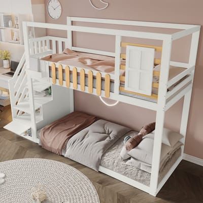 Stapelbed met raam en opbergrek - 90x200 cm kinderbed - trap met 3 opbergvakken - met veiligheidshekken - wit - zonder matras