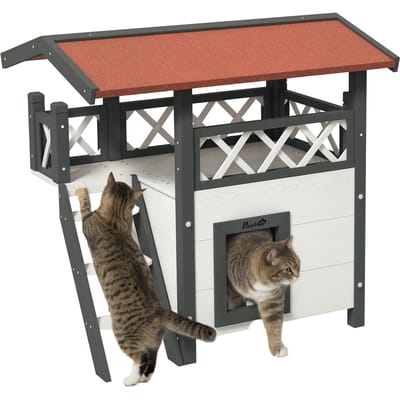 PawHut Home lodge voor wilde katten - huisvilla met terras, trap, dak voor kat - 77x50x73 cm - wit en rood