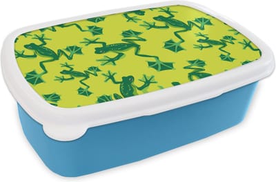 Broodtrommel Blauw - Lunchbox - Brooddoos - Kikker - Dieren - Jungle - Patroon - 18x12x6 cm - Kinderen - Jongen
