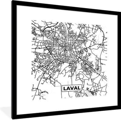 Fotolijst incl. Poster Zwart Wit- Kaart - Laval - Stadskaart - Frankrijk - Plattegrond - Zwart wit - 40x40 cm - Posterlijst