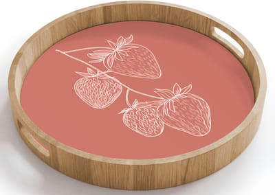 Dienblad rond 40x40 cm - Schootdienblad hout - Minimalistisch - Illustratie - Aardbei - Tak - Borrelplank rechthoek - Plateau houten dienbladen