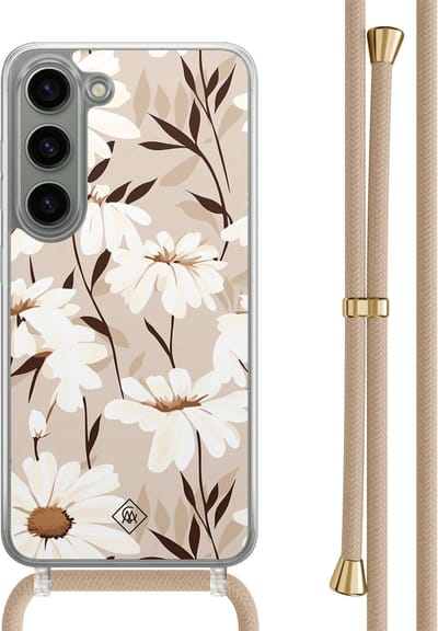 Casimoda® hoesje met beige koord - Geschikt voor Samsung S23 - In Bloom - Afneembaar koord - TPU/polycarbonaat - Bruin/beige